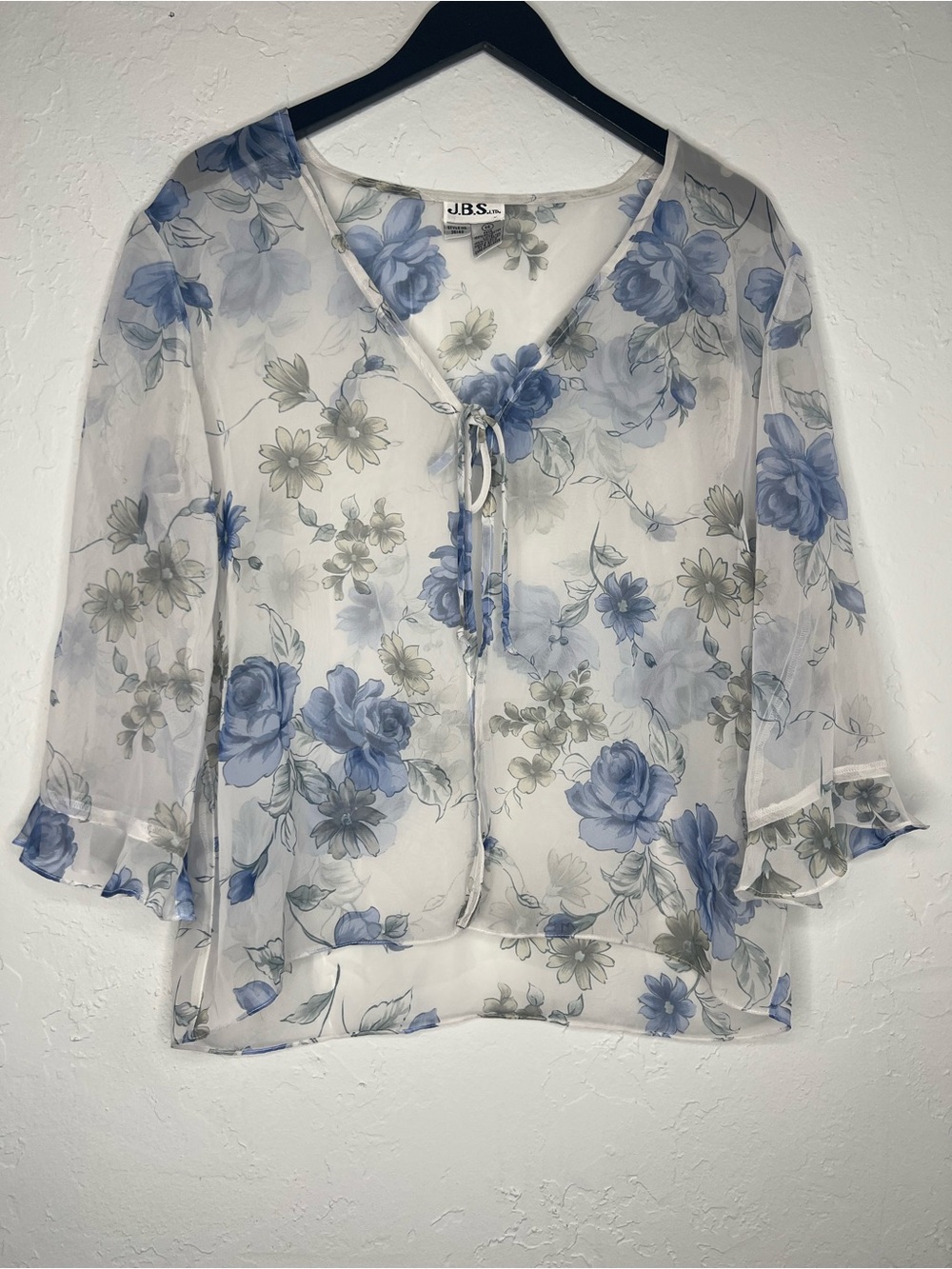 Vintage 90s Sheer Blue Floral Blouse 14 Romantic Tie Front Cottagecore Fairy